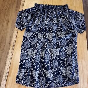 Navy Blue Floral Off The Shoulder Keyhole Back Elastic 17" P2P